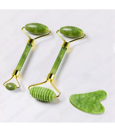 Ensembles 3 pièces rouleau de Massage Pierre de Jade naturelle - Masseur à rouleau de Pierre Jade double têtes