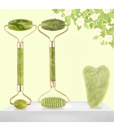 Ensembles 3 pièces rouleau de Massage Pierre de Jade naturelle - Masseur à rouleau de Pierre Jade double têtes