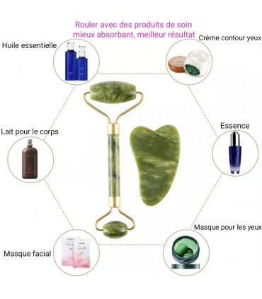 Ensembles 3 pièces rouleau de Massage Pierre de Jade naturelle - Masseur à rouleau de Pierre Jade double têtes