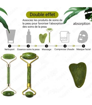 Ensembles 3 pièces rouleau de Massage Pierre de Jade naturelle - Masseur à rouleau de Pierre Jade double têtes