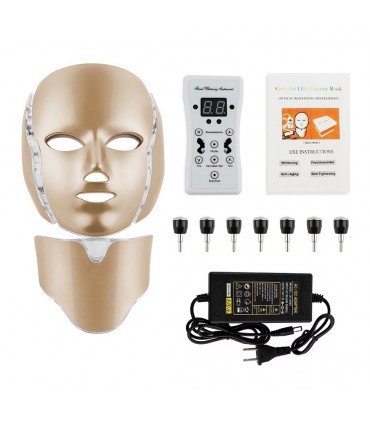 Masque Luminothérapie Doré LED 3D en 7 couleurs de lumières soins du visage et le cou
